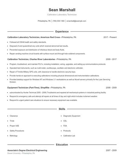 Calibration Laboratory Technician Resume