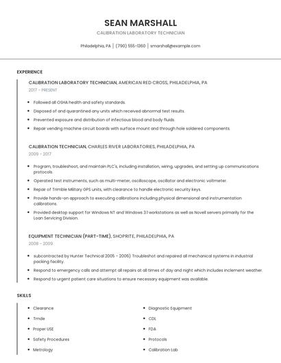 Calibration Laboratory Technician Resume