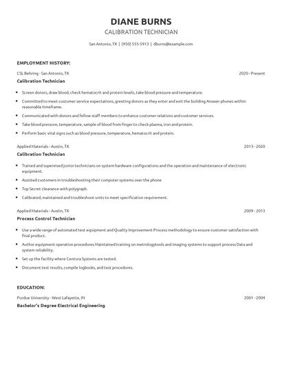Calibration Technician Resume