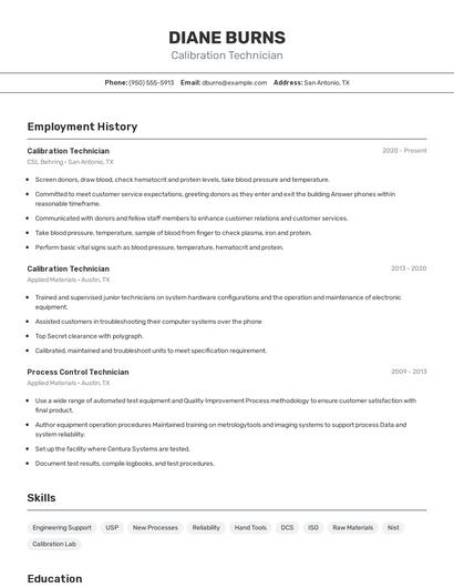 Calibration Technician Resume
