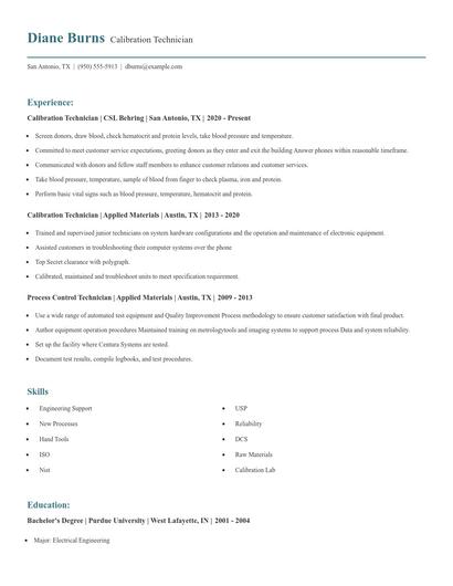 Calibration Technician Resume