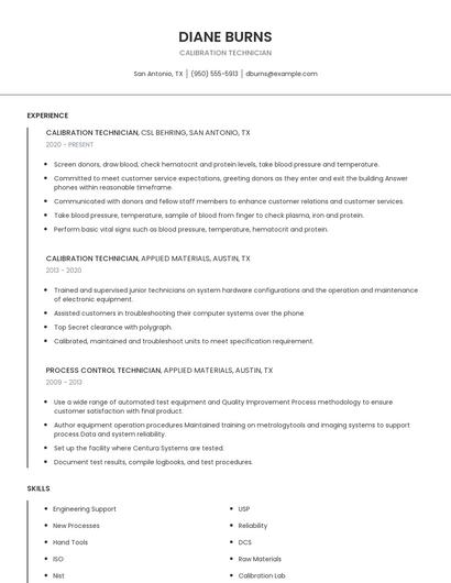 Calibration Technician Resume