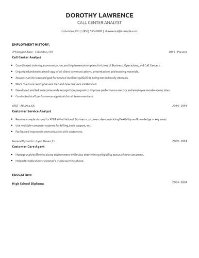 Call Center Analyst Resume