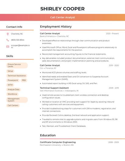Call Center Analyst Resume