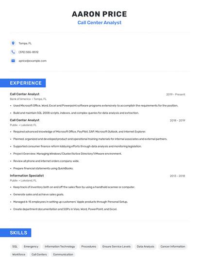 Call Center Analyst Resume