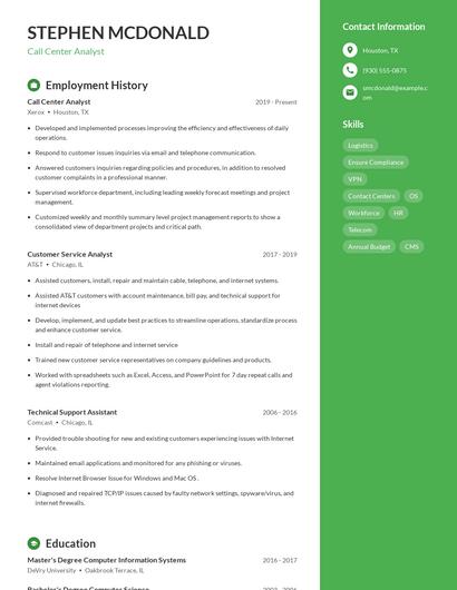 Call Center Analyst Resume