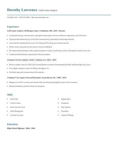 Call Center Analyst Resume