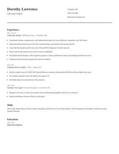 Call Center Analyst Resume