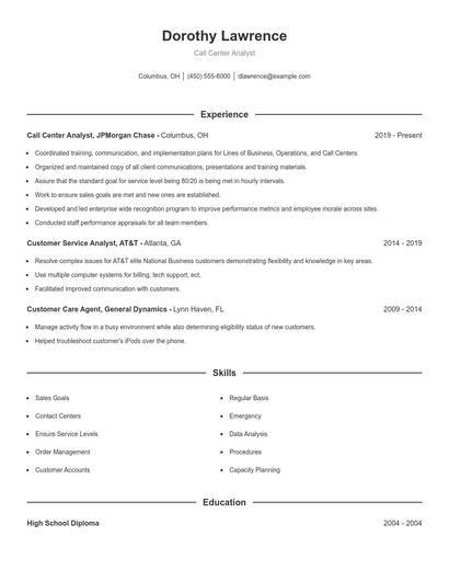 Call Center Analyst Resume