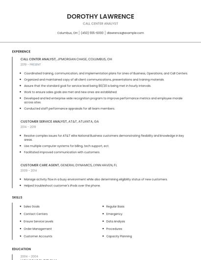 Call Center Analyst Resume