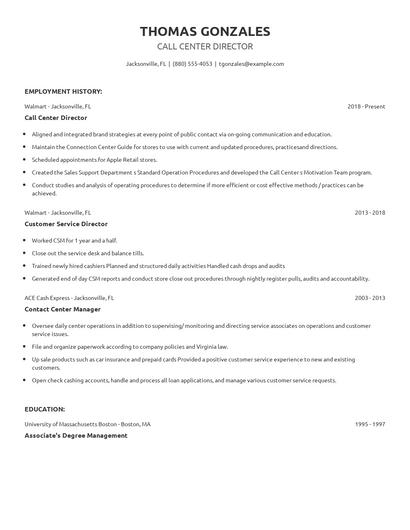 Call Center Director Resume