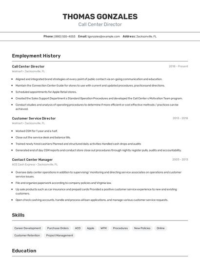 Call Center Director Resume