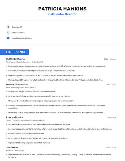 Call Center Director Resume