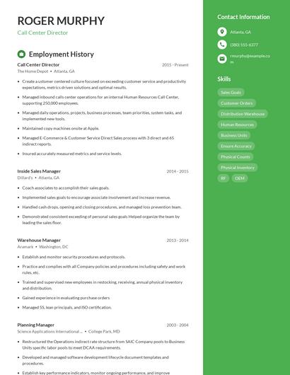 Call Center Director Resume