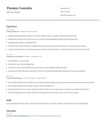 Call Center Director Resume