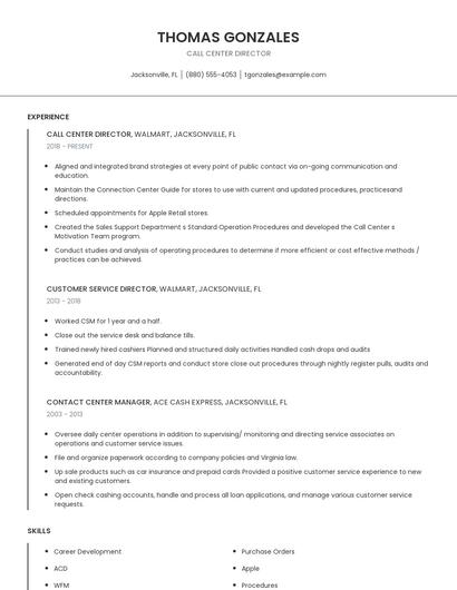 Call Center Director Resume