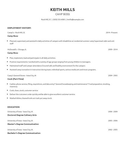 Camp Boss Resume