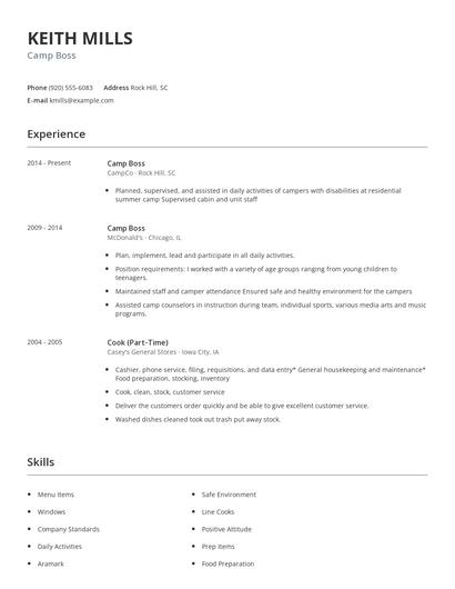 Camp Boss Resume