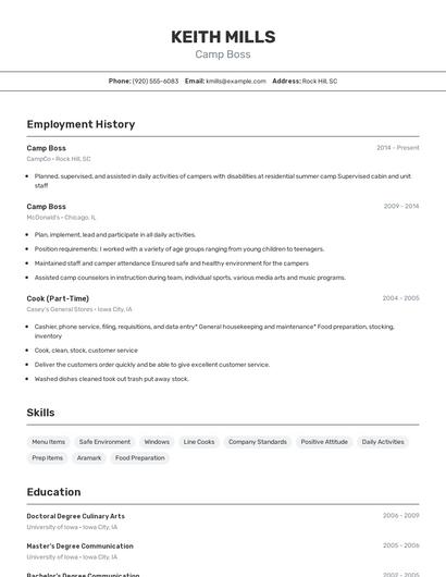 Camp Boss Resume