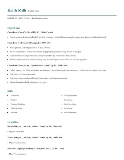 Camp Boss Resume