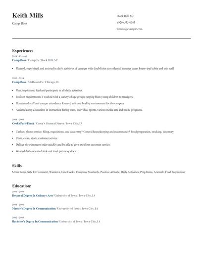 Camp Boss Resume
