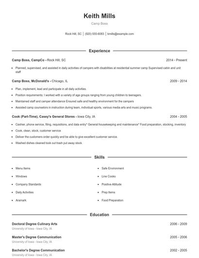 Camp Boss Resume