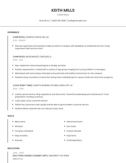 Camp Boss Resume