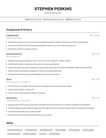 Camp Director Resume