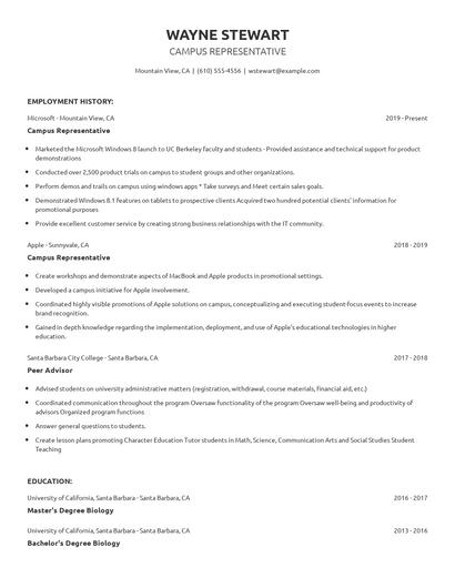 Campus Representative Resume