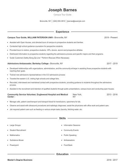 Campus Tour Guide Resume