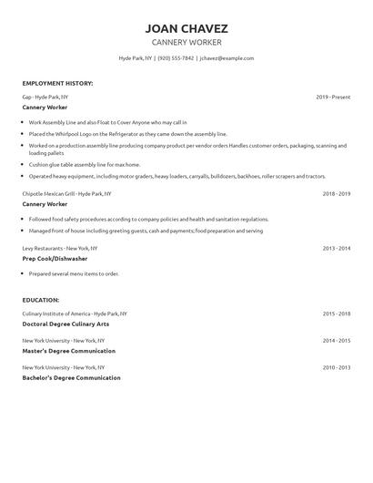 Cannery Worker Resume