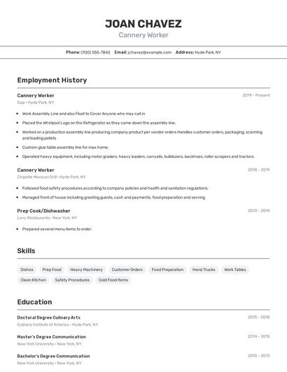 Cannery Worker Resume