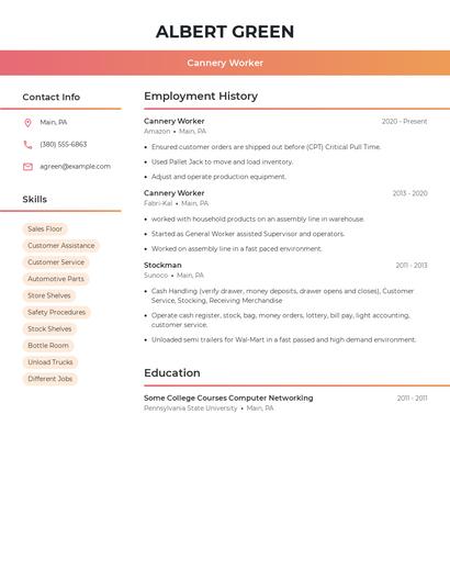 Cannery Worker Resume