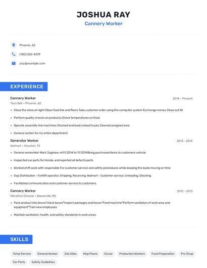 Cannery Worker Resume