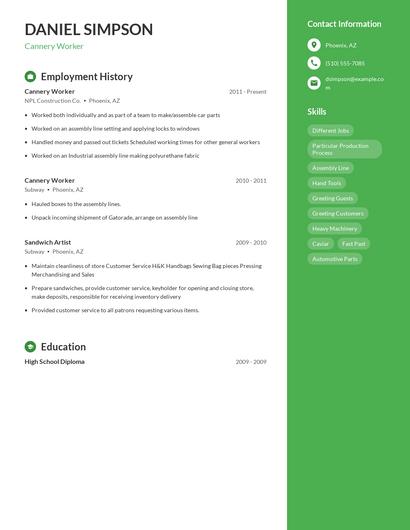 Cannery Worker Resume