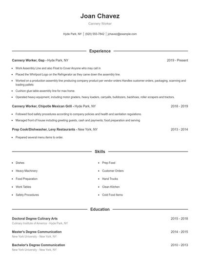 Cannery Worker Resume