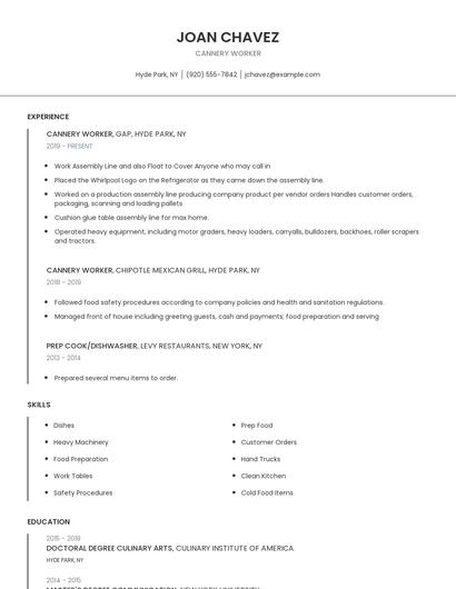 Cannery Worker Resume
