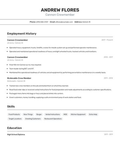 Cannon Crewmember Resume