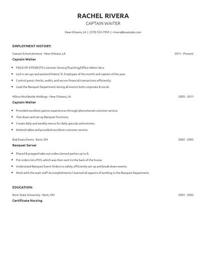 Captain Waiter Resume