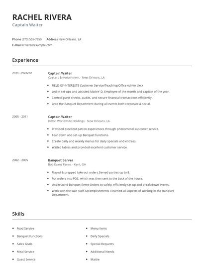 Captain Waiter Resume
