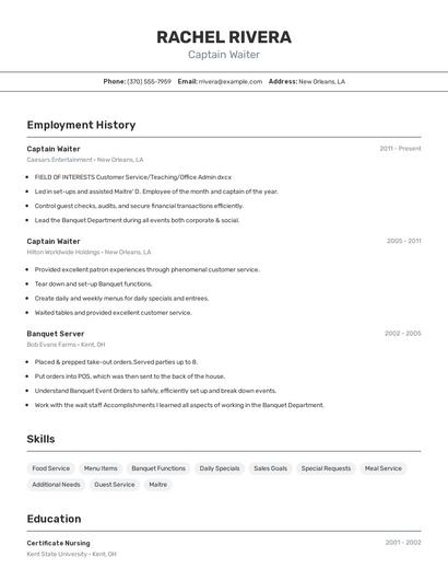 Captain Waiter Resume