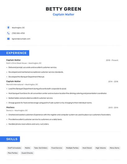 Captain Waiter Resume