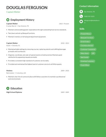 Captain Waiter Resume