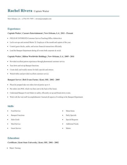 Captain Waiter Resume