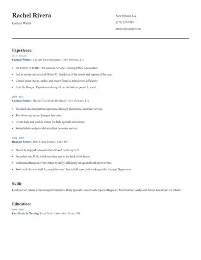 Captain Waiter Resume