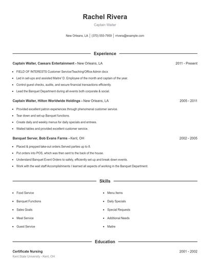 Captain Waiter Resume