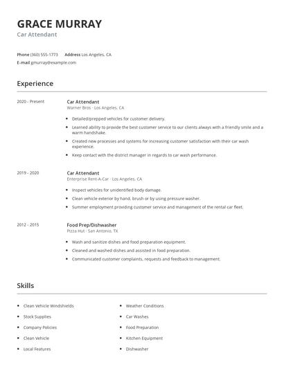 Car Attendant Resume