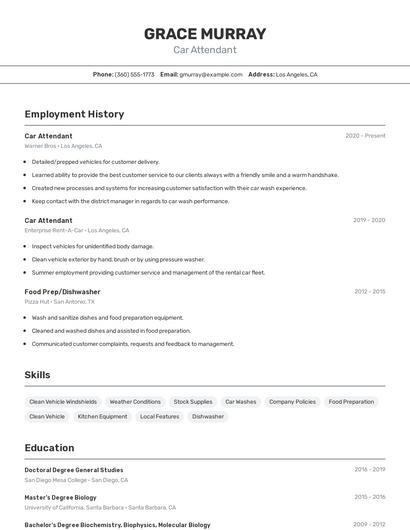 Car Attendant Resume