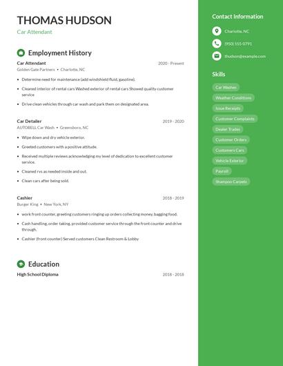 Car Attendant Resume