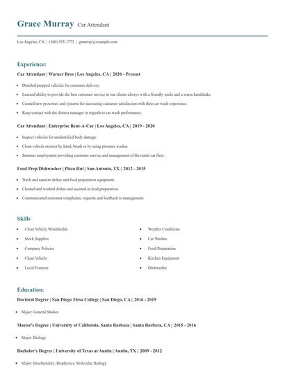 Car Attendant Resume
